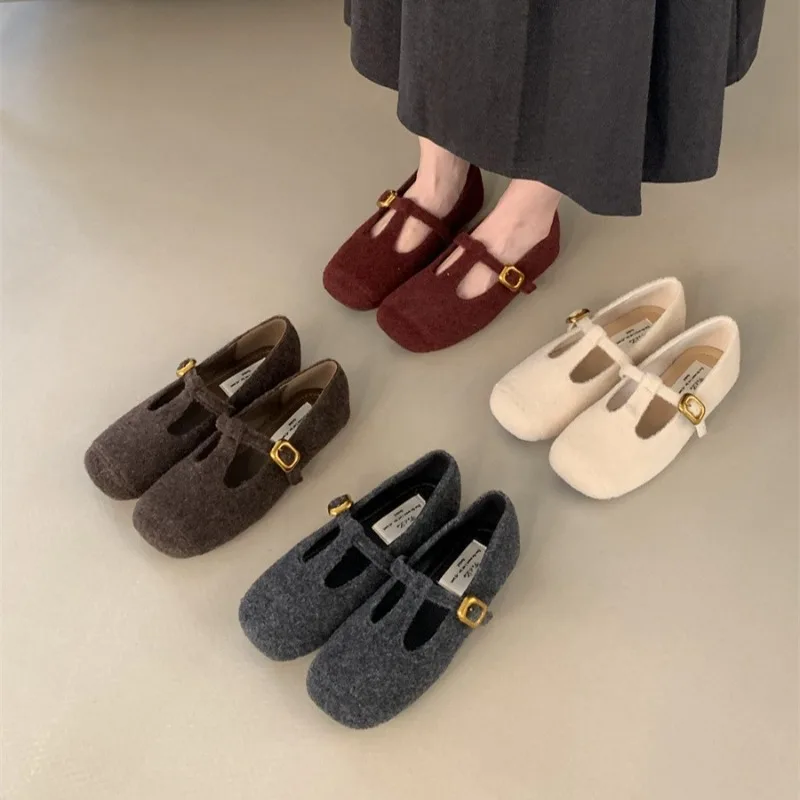 2024 Autumn Women Woolen Flats Designer Brand Ladies Elegant Mary Jane Shoes Round Toe Soft Flat Heel Loafers Ballerinas Shoes