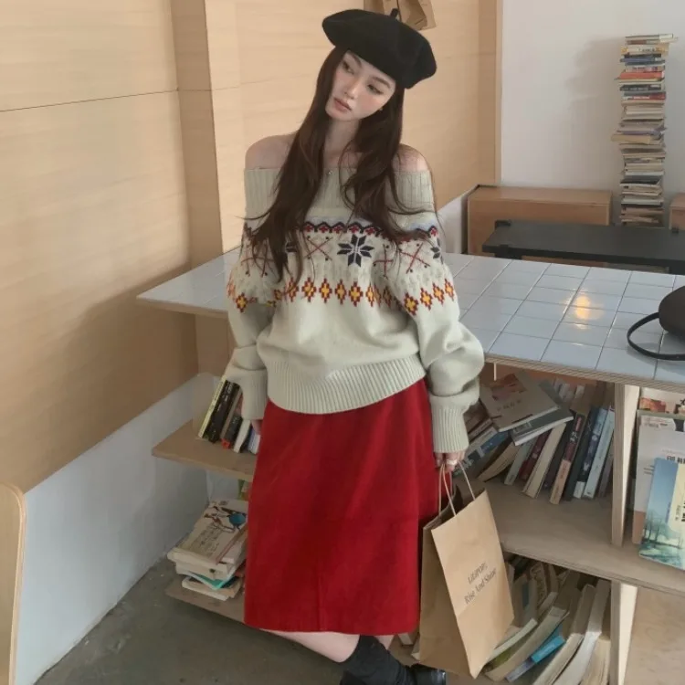 High Waist Corduroy Midi Skirt for Women Cisas Red Versatile Faionable Autumn Winter Design kets Ci Commute