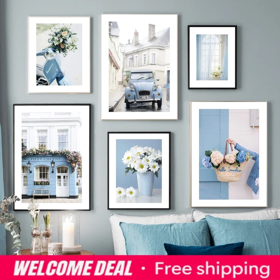 2026  Retro Car Motorcycle Bike Flowers Street Door Nordic Posters Blue Prints Canvas Painting Wall Art Pictures For Living R