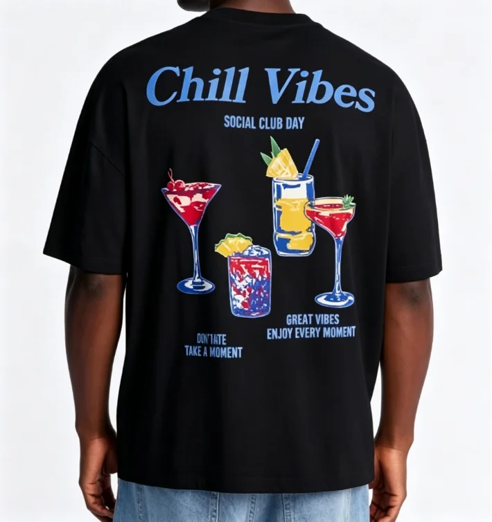 2026 New Y2K Family Matching Unisex Oversized T Shirt Chill Vibes Cocktail Drink Art Back Print White Streetwear Tops