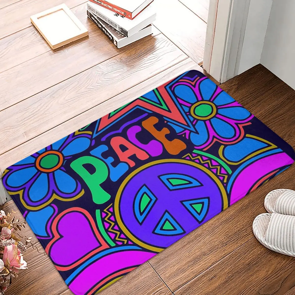 

Rock Hip Hop Bathroom Non-Slip Carpet Peace And Love Flowers And Stars Hippie Mat Entrance Door Doormat Home Decoration Rug