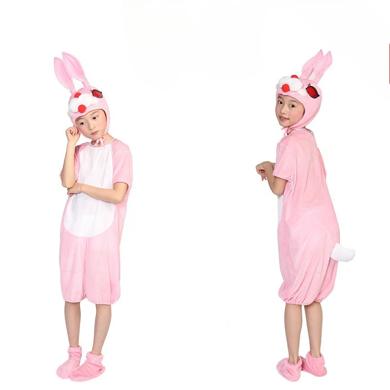 Kids White Pink Cute Rabbit Animal Onesie Cotton Outfit for School Stage Performance Halloween Party Role Play Holiday Dress Up