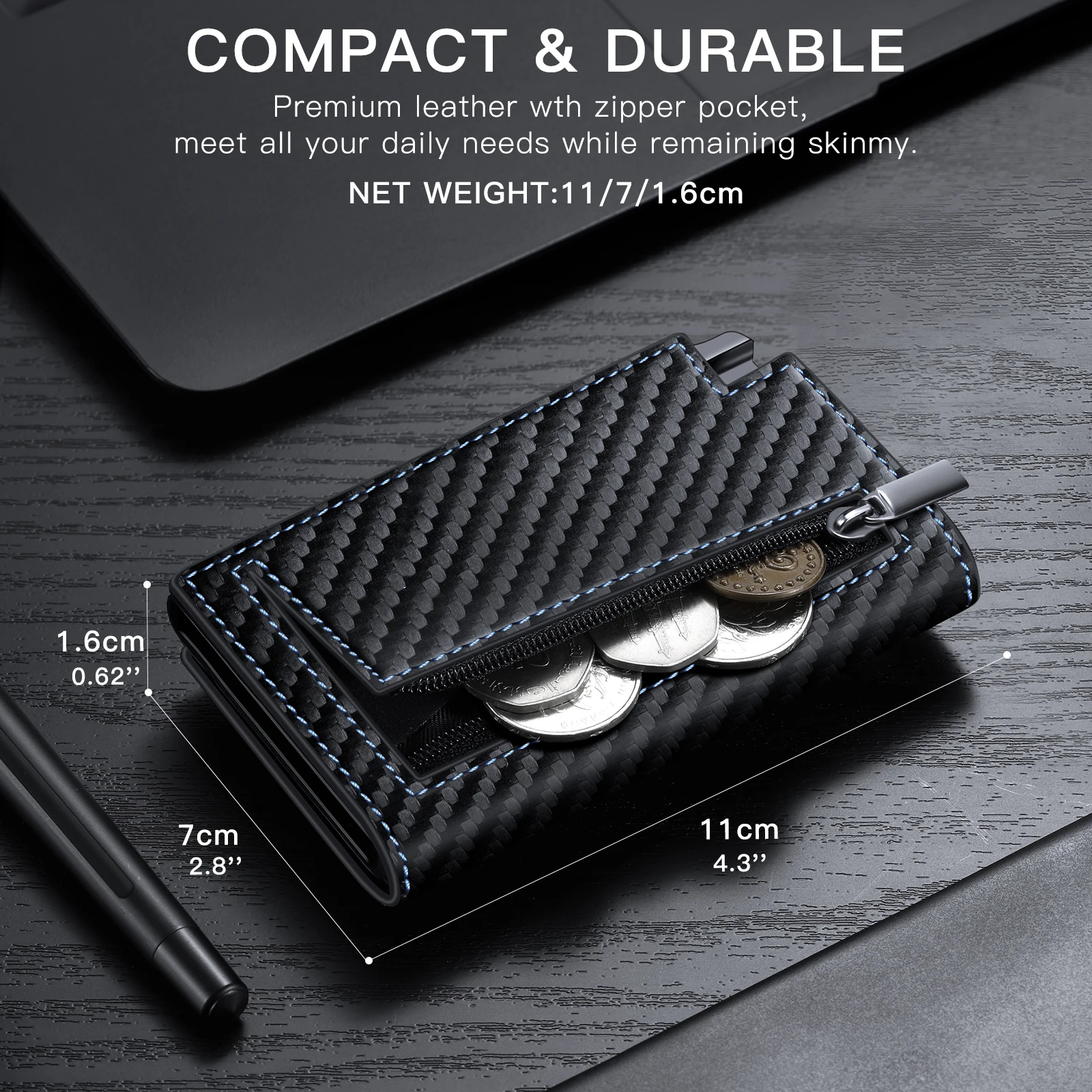 Mens Smart Wallet Card Holder for AirTag: Leather,  RFID Blocking, Slim, Carbon Fiber,| ID Window（Does not contain AirTag）