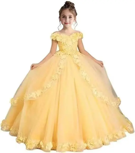 Vestido de niña de flores con hombros descubiertos, vestido de comunión con calcomanía de encaje, vestido de baile de fiesta de cumpleaños de princesa, atuendo formal magnífico y elegante