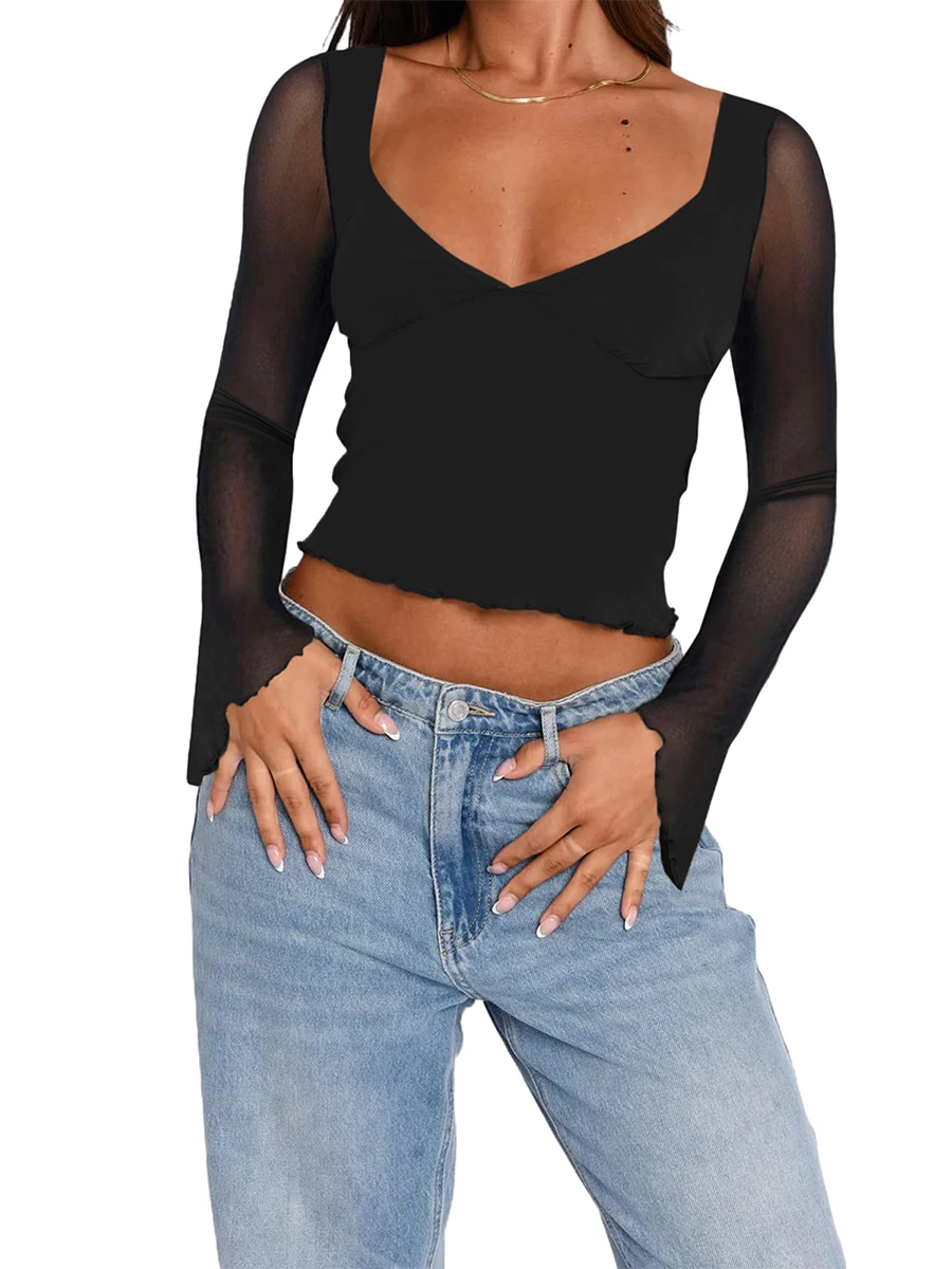 Women s Sweetheart Neck Cropped Tops Solid Color Sheer Mesh Long Sleeve Shirts Streetwear