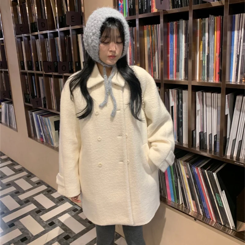 Sweet Style Vintage Double Breasted Woolen Coat Women's Small Size Flip Collar Jacket Thickened Long Sleeve Mid-Length Coat