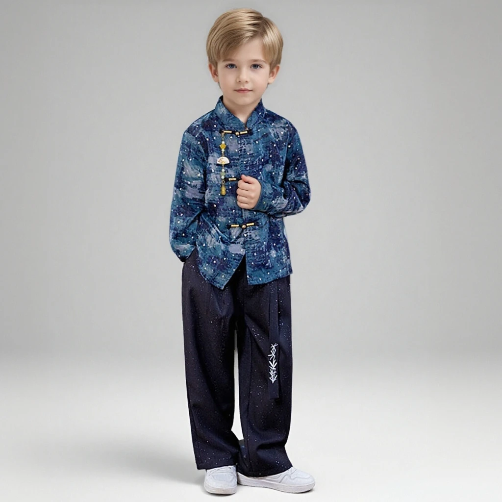 

Boy Birthday Party Outfit Set Fashion Chinese Tangzhuang Jacket Pants 2-piece Teens Kids Embroidered Hanfu Performance Costume