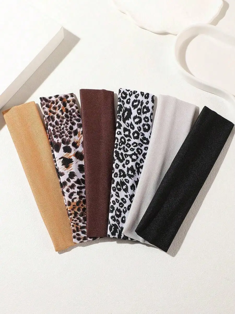 

6pcs Elastic Headbands With Solid And Leopard Print For Women Sports Casual Use
