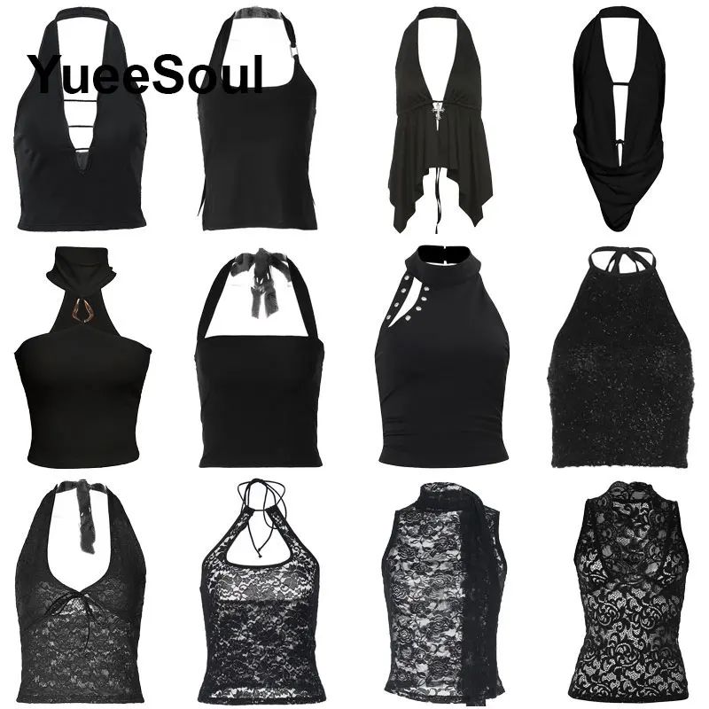 Black Crop Tops Sleeveless Halter Lace Sexy Tank Top 2026 Summer New Y2K Aesthetic High Street Casual Camis Women Clothing