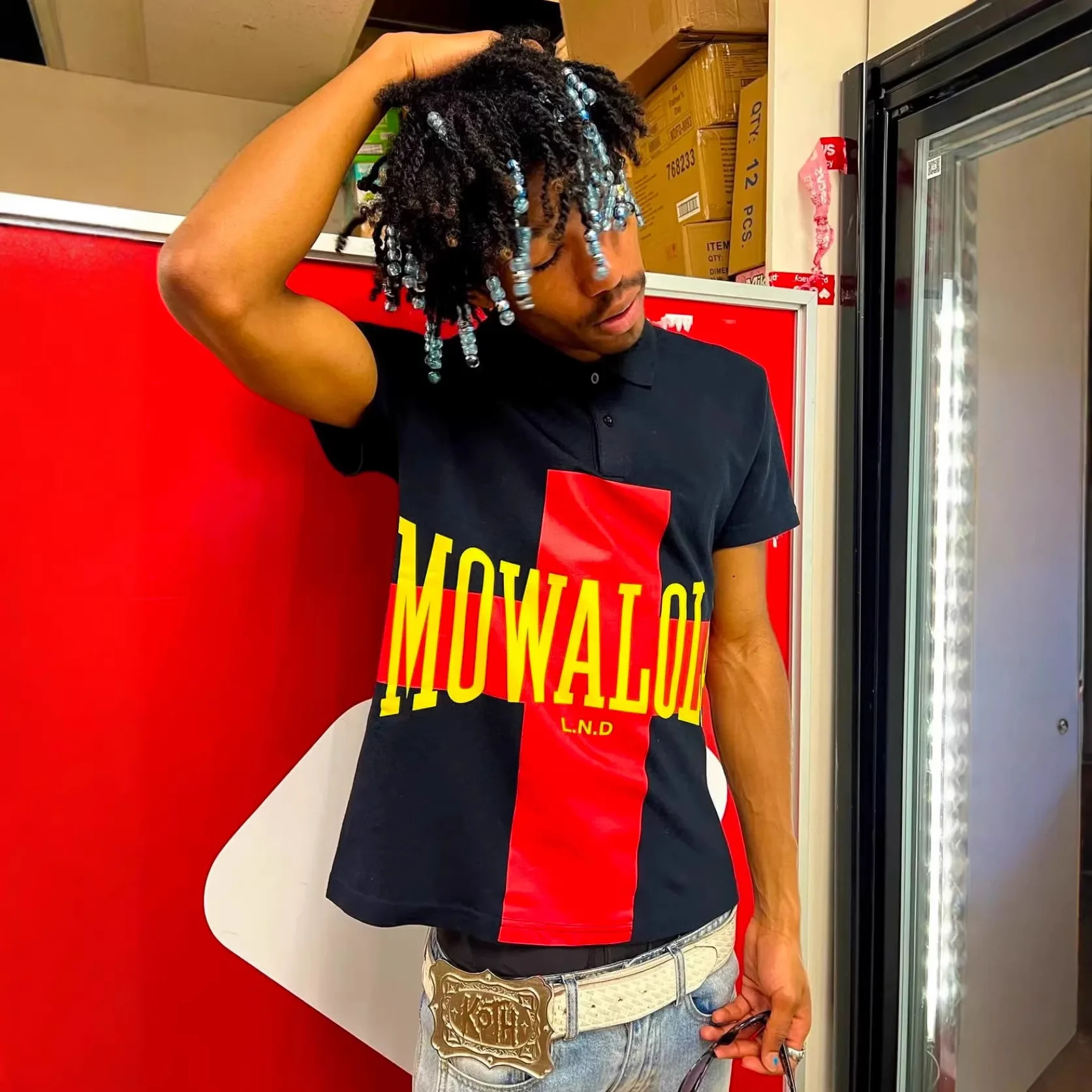 Mowalola Lettered Print Style Graphic Clothing Line Cross-Frame Digital Print 6-Sleeve Tight Polo Shirt