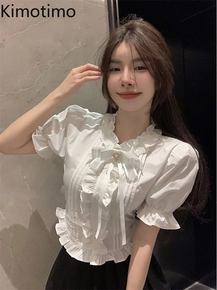 

Kimotimo Sweet Short Sleeve White Shirts Women Bow Stand Collar Ruffle Slim Fit Waist Crop Top Preppy Style Y2k Aesthetic Blouse
