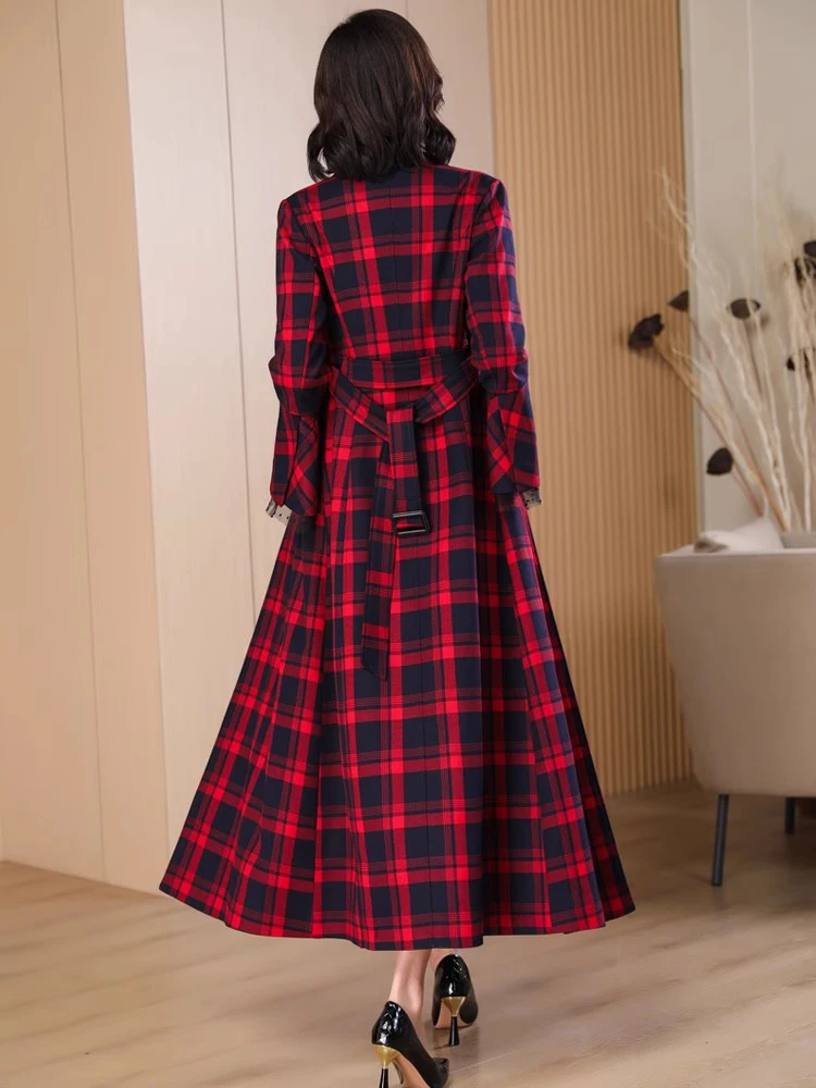 New Women Lace Ruffles Sleeve Plaid Trench Coat Spring Autumn Fashion Suit Collar Single Breasted Elegant Chic Slim Overcoat