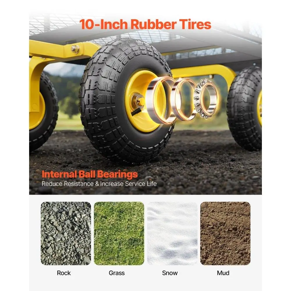 500 libras resistentes para carrinho de jardim com pneus todo terreno de 10 polegadas laterais de malha removível e alça giratória de 180 graus para quintal