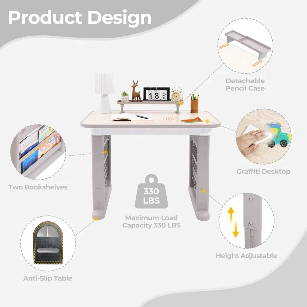 Height-Adjustable Multi-Activity Kids Desk and Chair Set with Bookshelf for Home and Classroom Use