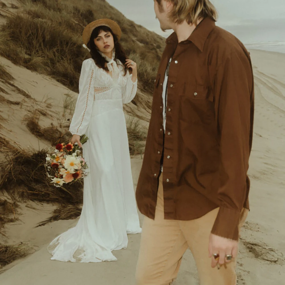 Vestidos de novia personalizados con recorte bohemio, gasa, línea A, encaje, cuello en V, bosque, ligero, mangas largas de obispo, vestido de novia