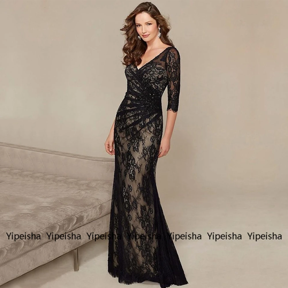 Yipeisha 3/4 Sleeve Mermaid Mother Of Bride Dresses for Wedding V Neckline 2022 Lace Women Dress Back Out Mère Formelle Robe