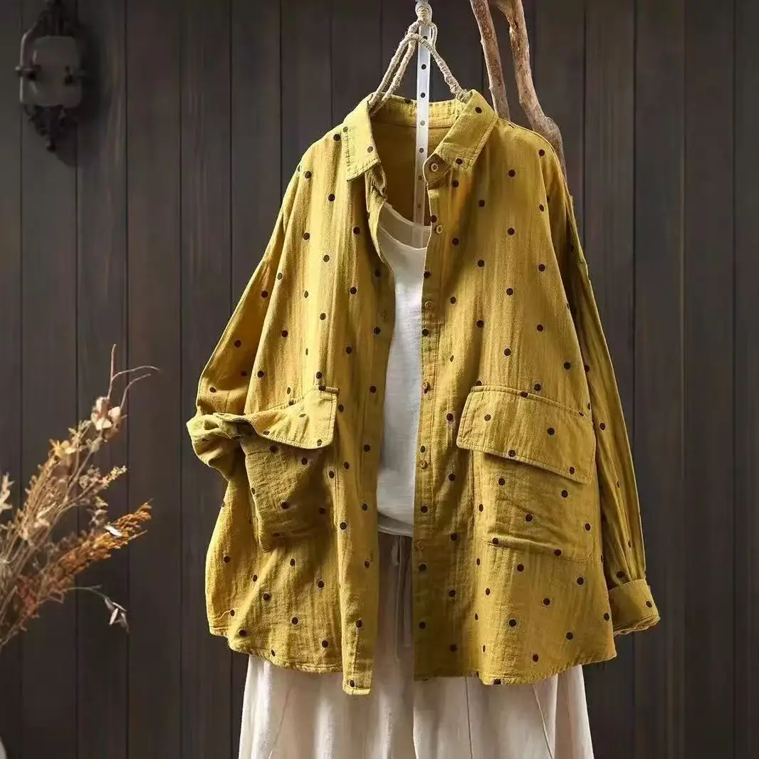 

Plus size trendy women's clothing large size tops 100% cotton yarn polka dot print shirts and blouses for women long sleeve tops