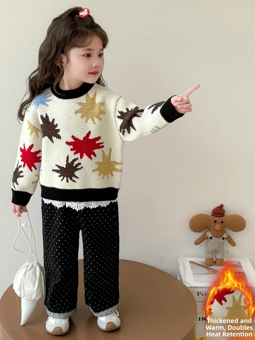 Thiened suéter de malha para meninas redondo ne overhead design de desenho animado outono inverno novo sle base de lã quente irt