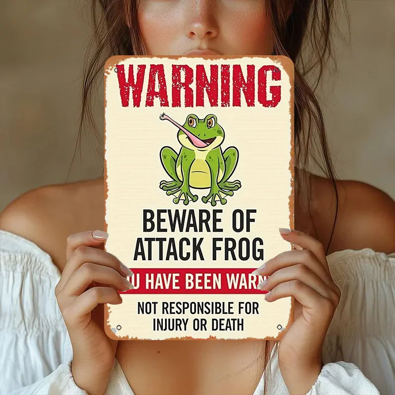 

Vintage Metal Warning Sign - Beware of Attack Frog Humorous Wall Art, , Rustic Decor for Home & Garden, Indoor/Outdoor Use, D