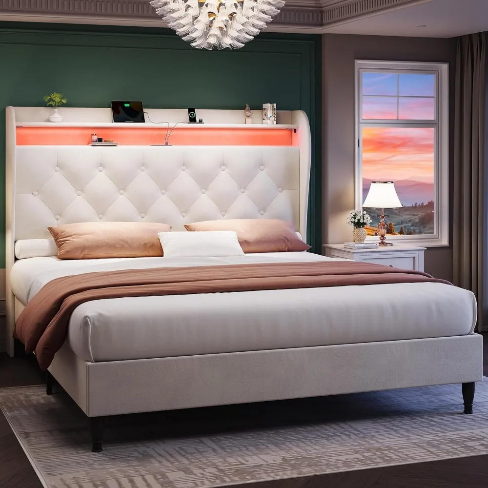 

King Size Bed Frame with Tall Headboard, 52.7"-55" Adjustable Upholstered Platform Bed with LED Lights & Charging Station, Moder