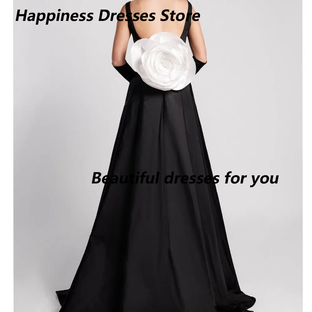 Customized Square Spaghetti Strap Mother Of The Bride Gown Detachable Black Satin Cape 3D Big Rose Back Wedding Evening Dress