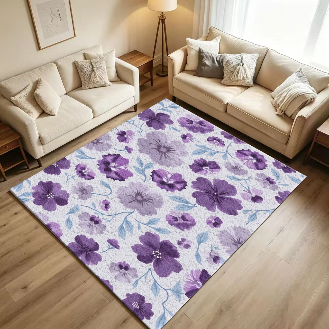 Purple Watercolor Floral Botanical Carpet Flooring Artistic Violet Flower Leaf Seamless Pattern Printed Floor Rug for Household Indoor Bohemian Home Decor