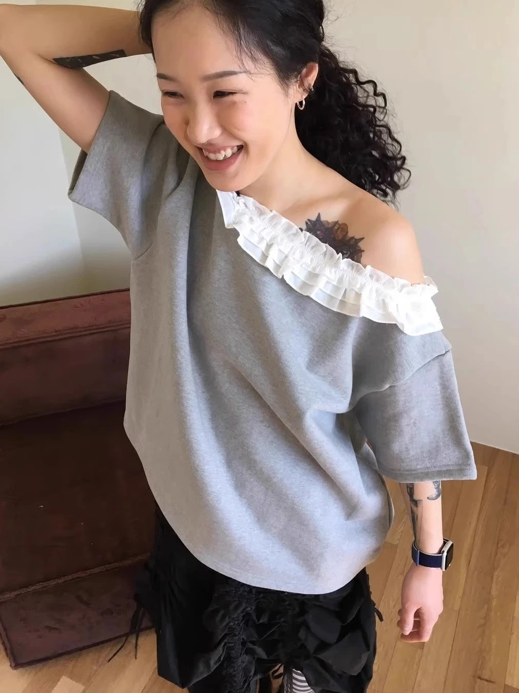 

Retro Lace Splice oulder Bared Loose ort Sve T irt Women's Commute Sle ort Length Other Material Fem Top