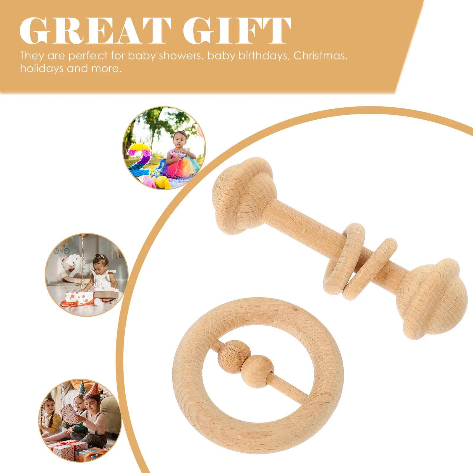 

2Pcs No Paint Wood Rattles Baby Hand Rattle Interactive Educational Visual Auditory Sensory Development Portable Neutral