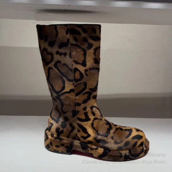 Brown Suede Leopard Print Mid Calf Boots 2026 Men Round Toe Platform Patchwork Side Zipper Designer Brand Party Runway Shoes