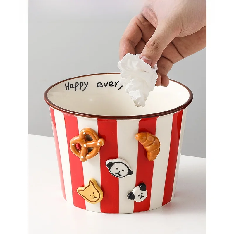 

Cute Desktop Stripe Trash Can Living Room Coffee Table Ceramic Home Dining Table Creative Storage Bucket Countertop