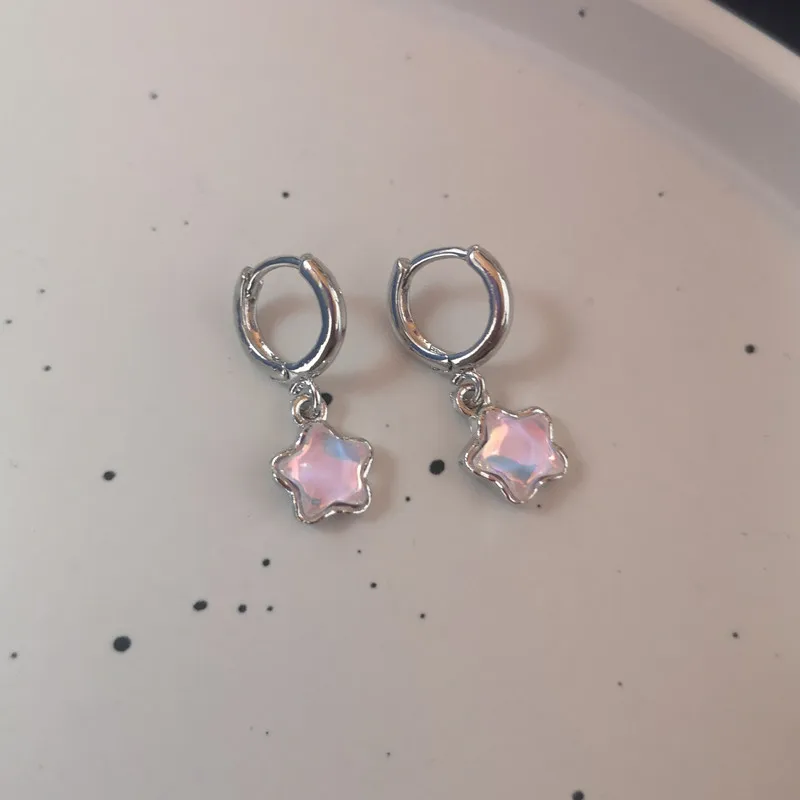 Pendientes de aro de pentagrama coloridos para mujer, estilo Y2K, hebilla de oreja de estrella de cristal rosa de fantasía dulce, accesorios de