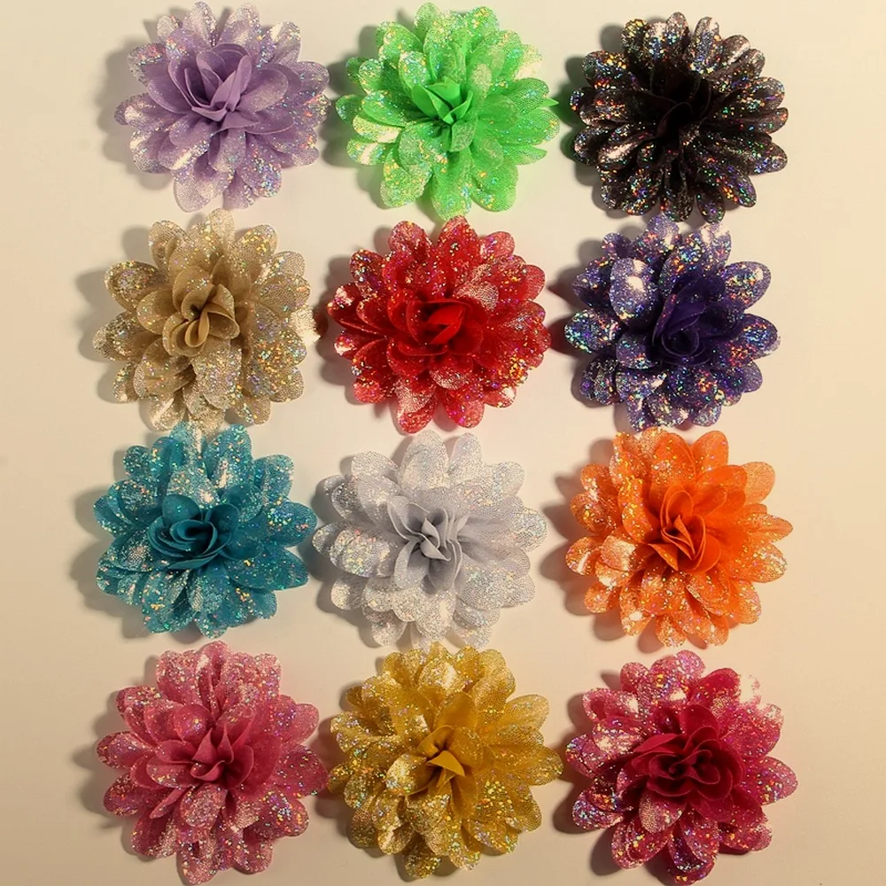 200PCS 8CM Fashion Sequins Smooth Gold dust Fabric Flowers For Headbands Handmade Bloom Flower For Head Accessories