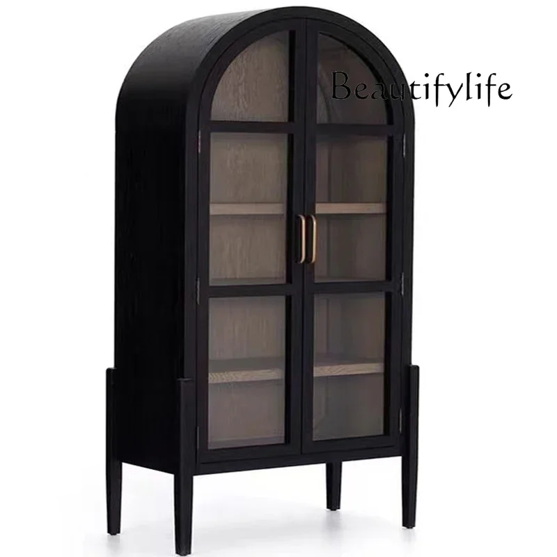 

American arched door bookshelf with cabinet door dustproof French retro storage wine cabinet black simple solid wood floor