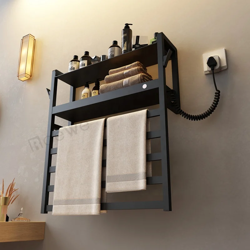 

bathroom electrothermal towel rail with shelf, smart home wall mounted towel rack electric towel heater warmer dryer