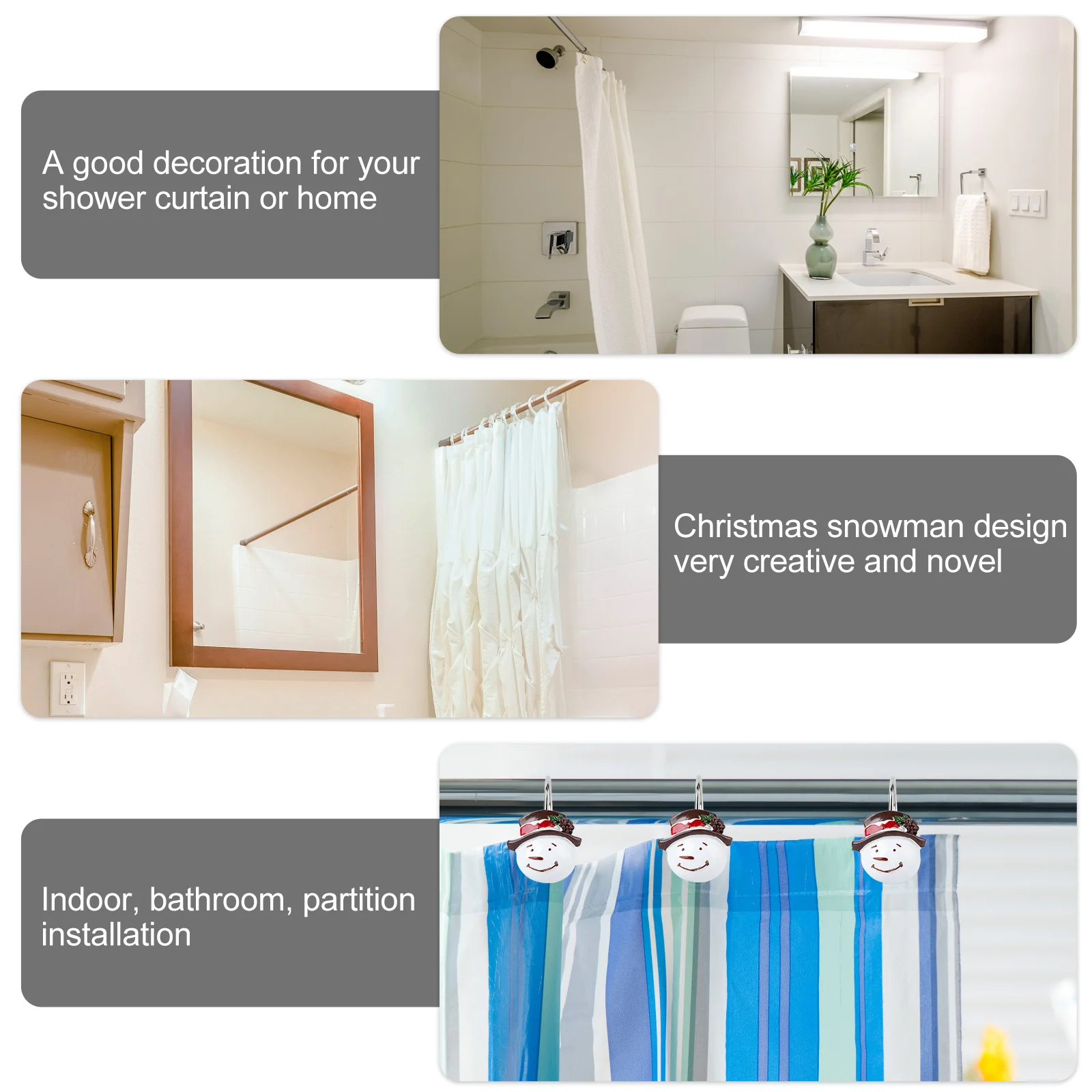 

12 pcs Resin Curtain Hooks Lovely Snowman Design Christmas Shower Hook For Home Decor Xmas Chic Curtain Hanger