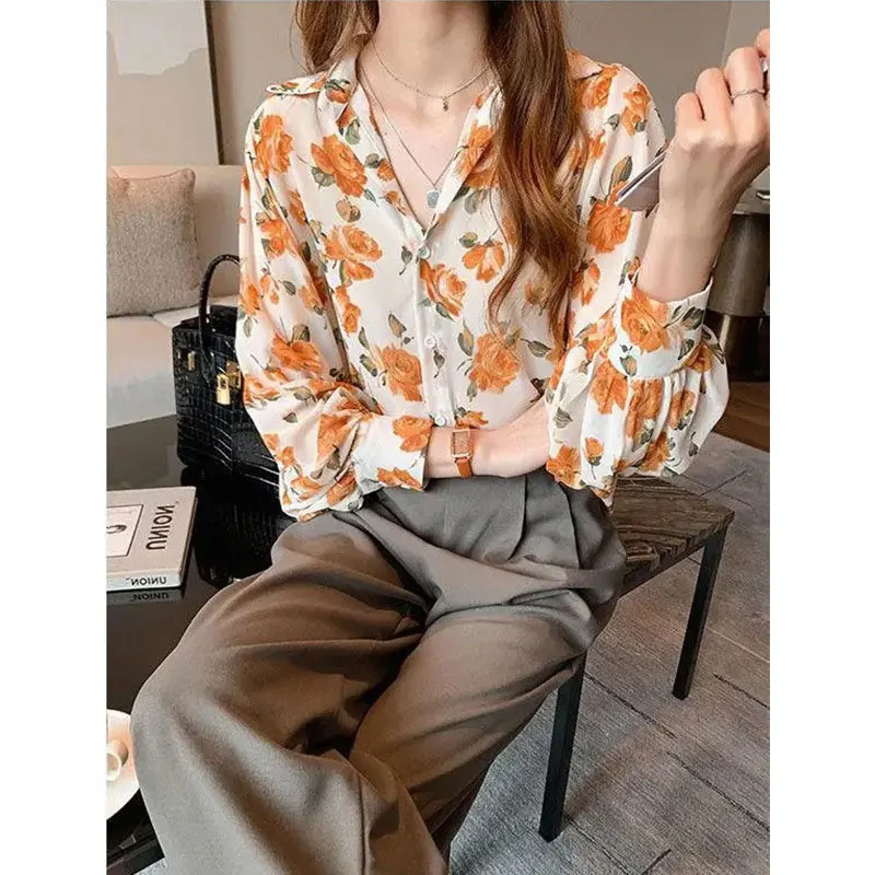 Women Clothing Fashion Casual Loose Simplicity Printing Long Sleeve Women's Shirts Summer All-match Elegant Temperament Tops