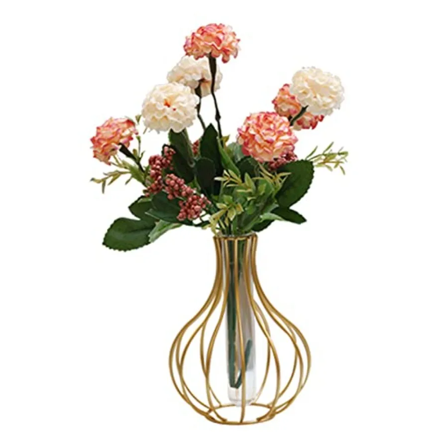 Geometric Gold Metal Frame Clear Glass Vase