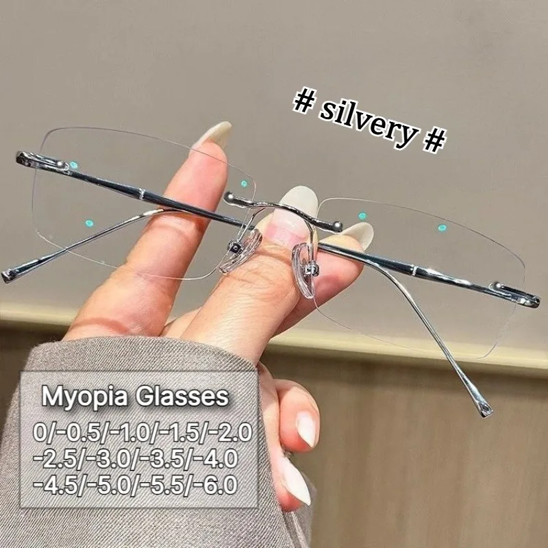 Women Elegant Rimless Metal Myopia Glasses Retro Men Business Near Sight Eyeglasses Finished Prescription Eyewear Minus Diopter
