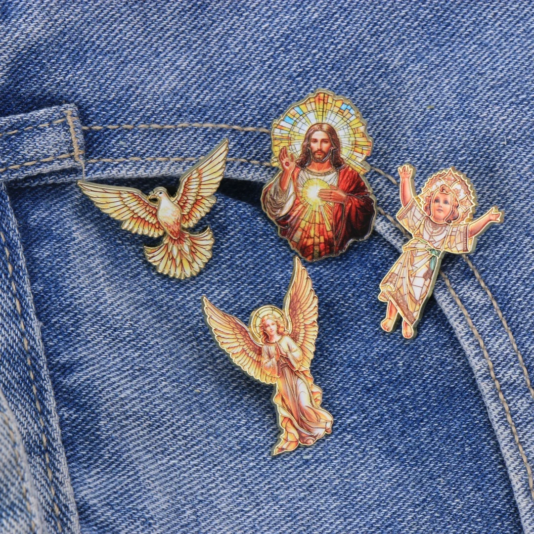 Stained Glass Christian Enamel Pin Set, Sacred Religious Brooches, Angel Dove Holy Figure Metal Badges with Golden Trim, Jackets