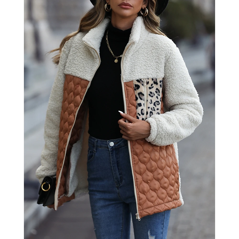 

2024 Women Leopard Colorblock Zipper Fly Fluffy Coat Femme Stand Collar Long Sleeve Puffer Casual Autumn Outfits Jackets y2k