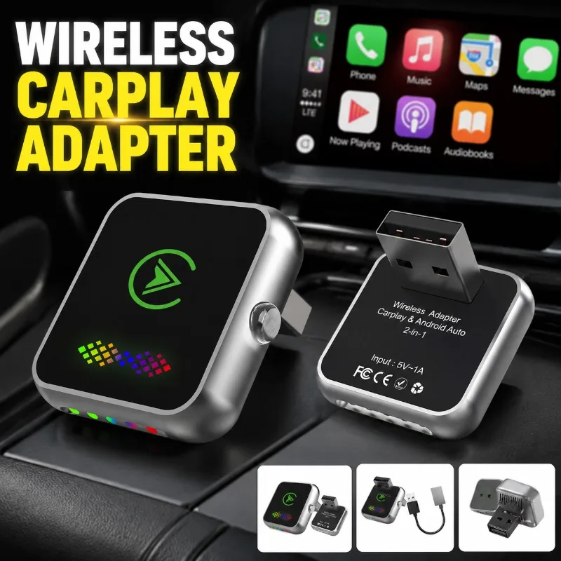 Upgraded 2‑in‑1 Wireless CarPlay Box Wired‑to‑wireless Android Auto Adapter One‑click Switch Ambient Light Vehicular Dongle
