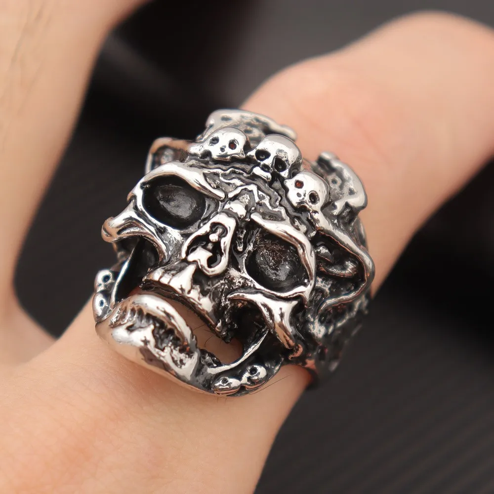 Vintage Terror Skull Ring Charm Men's Open Ring Fashion Hip Hop Punk Accessories Jewelry Party Gift Wholesale