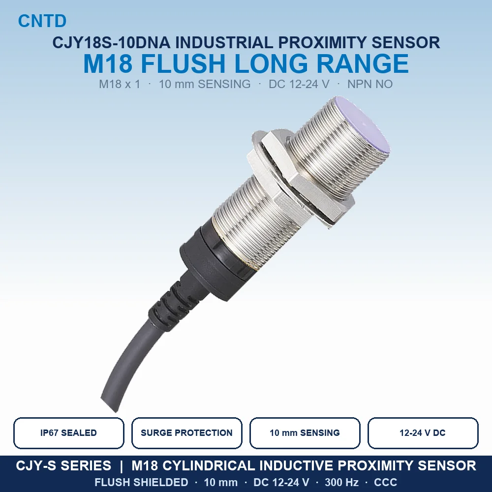 Inductive Proximity Sensor M18 Shielded NPN NO 3-Wire Flush 10mm IP67 Approach Switch DC12-24V 300Hz Long Distance CJY18S-10DNA