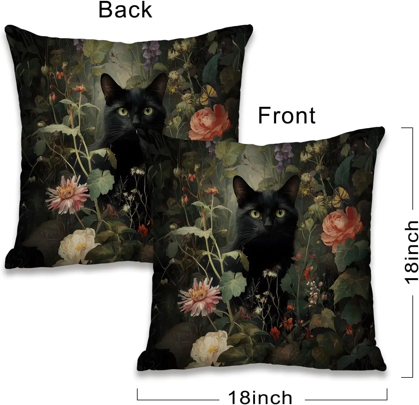 Luxurious Black Cat Floral Print Pillow Cover Cushion Sleeve Gothic Aesthetic Art Decor Polyester Throw Pillow Case for Modern L