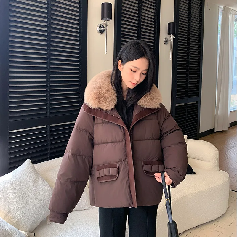 Inverno quente gola de pele feminina parka moda confortável bolsos com zíper design algodão acolchoado jaqueta elegante fino grosso casaco feminino