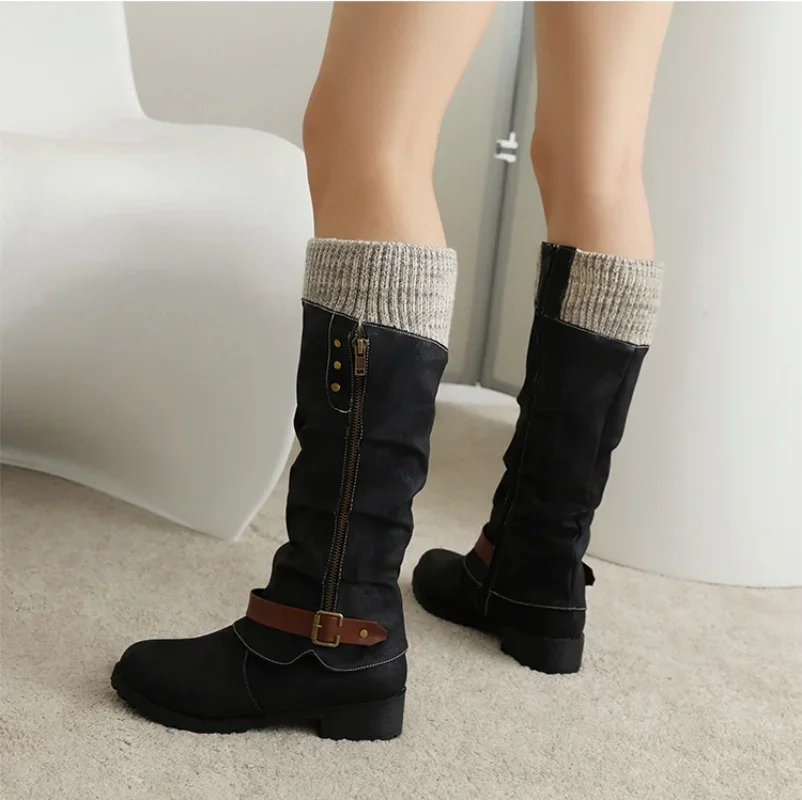 Autumn Winter Zipper Large Size Autumn/Winter Trendy Buckle Color blocked Round Head Woolen Tube Women's Tall Boots