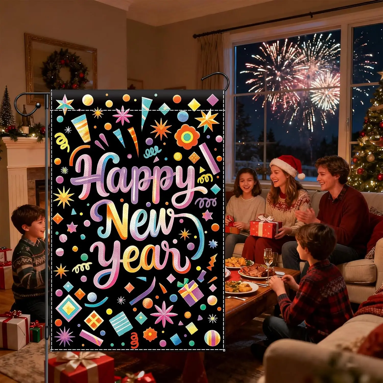 Happy New Year Garden Flag 12x18 Double Sided, Celebration Confetti Yard Flag for Outdoor, New Years Eve Small Burlap Flags  SSL