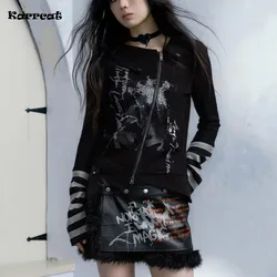 Karrcat Grunge Graffiti Print Zipper T-shirt Vintage Gothic Irregular Tops Dark Aesthetic Long Sleeve Patchwork T Shirt Punk Y2k