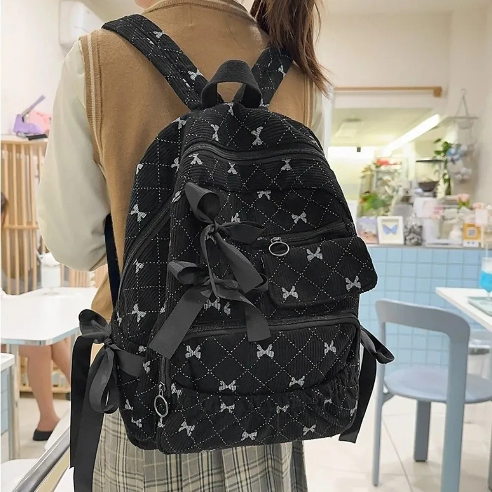 Fashion Corduroy Bow Schoolbag Ins Style Large Capacity Backpack Bag Bow Print Versatile Backpack Student