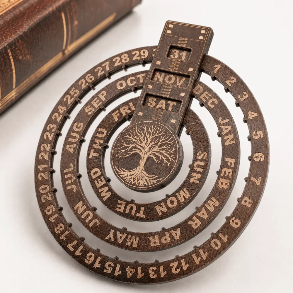 12.01X10.83in Wooden Perpetual Calendar Moon Phase Display Circular Disc Rotating Calendar Round Dial Adjustable Day/Month/Week